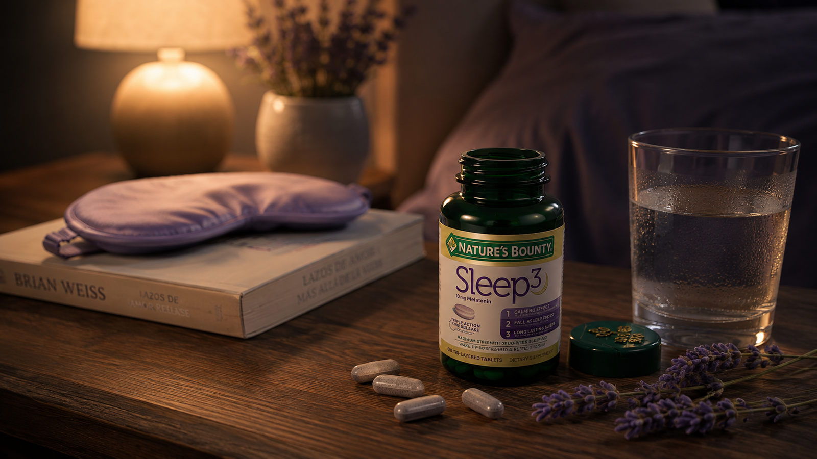 Detalle del frasco de Sleep 3 con cápsulas, lavanda y vaso de agua sobre la mesita de noche