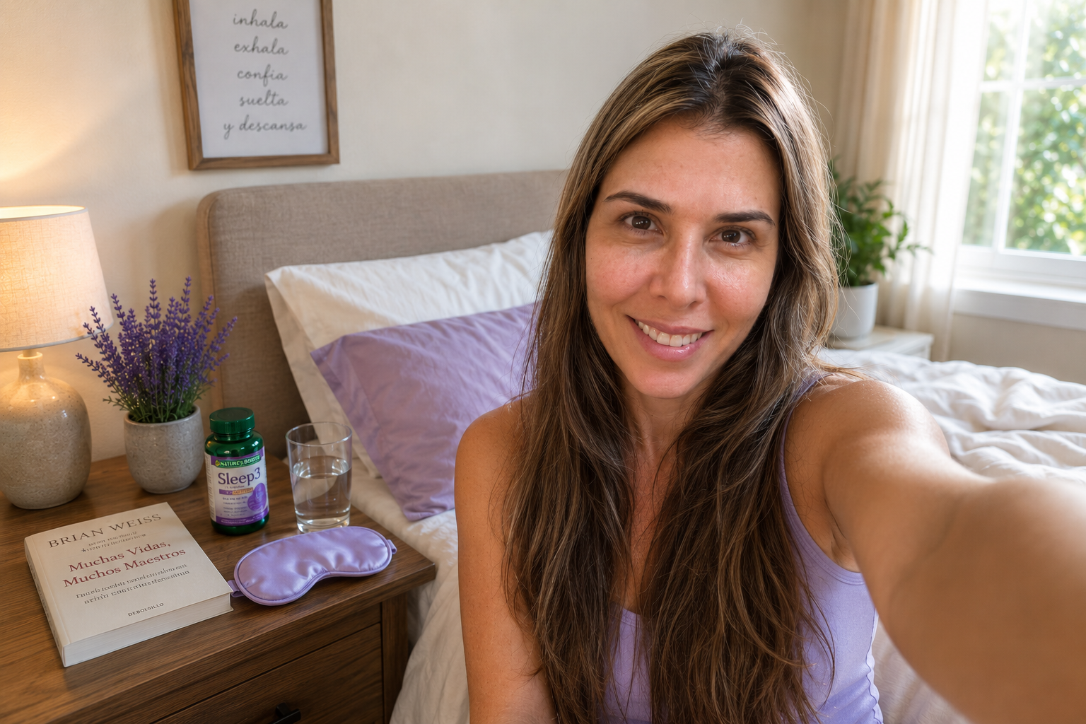 Selfie de mujer despertando descansada al día siguiente después de usar Sleep 3