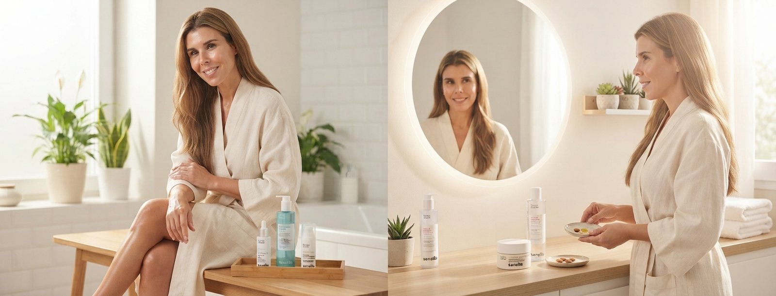 Mujer aplicándose crema facial frente al espejo del baño, con productos de cuidado de la piel Sensilis sobre el mueble