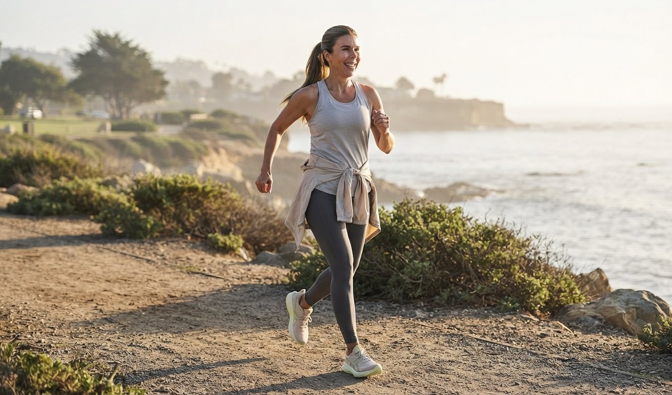 Mujer caminando con energía por la costa al amanecer, con las zapatillas Asics Gel Cumulus 27 visibles