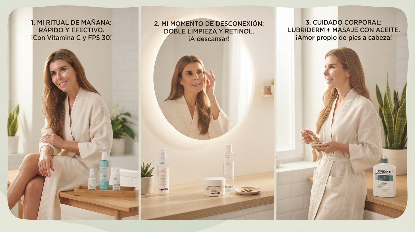 Collage de tres fotos que resume mi rutina: ritual de mañana con vitamina C y protector solar, limpieza y retinol por la noche, y cuidado corporal con Lubriderm y aceite