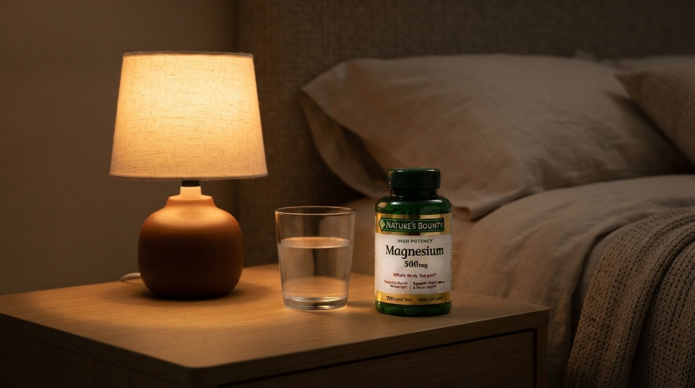 Mesita de noche con un vaso de agua, una lámpara encendida con luz cálida y un frasco de magnesio, ambiente nocturno relajante