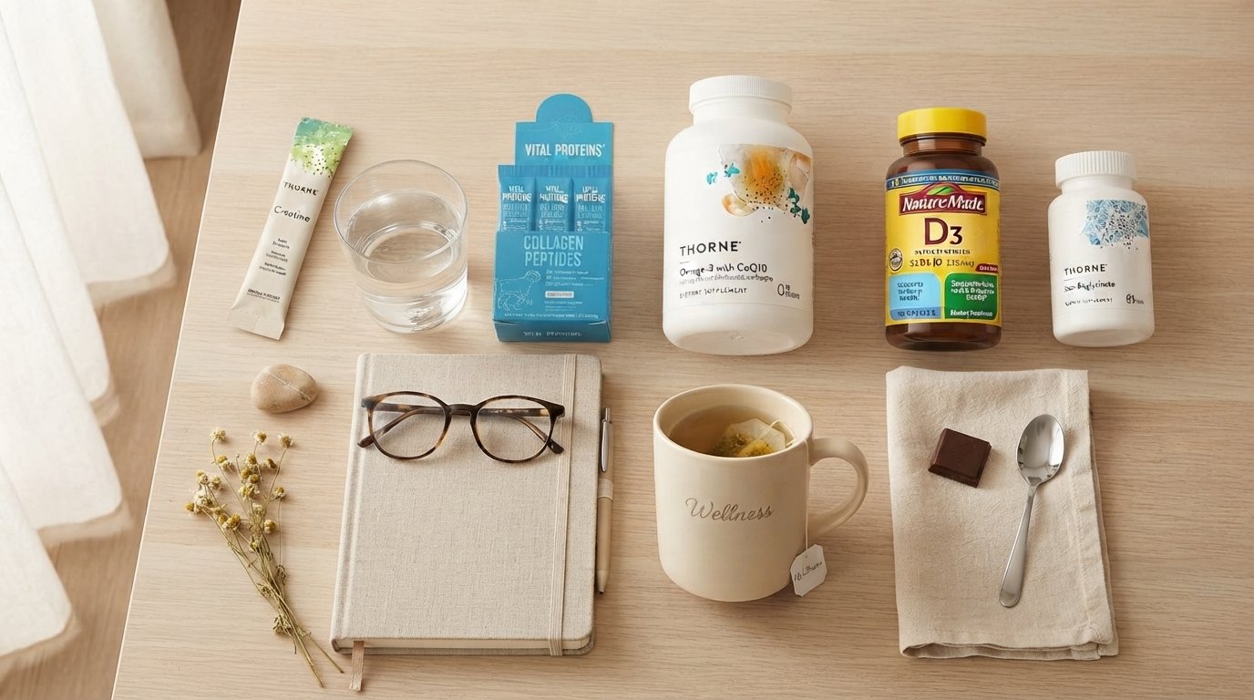 Vista cenital de una mesa con todos los suplementos y elementos de una rutina de bienestar completa: creatina, colágeno, omega-3, vitamina D, magnesio, taza de té, libreta y lentes
