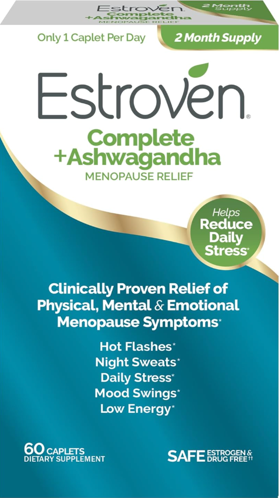 Estroven Complete + Ashwagandha, suplemento natural para la menopausia, empaque real del producto