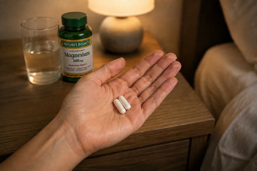 Frasco de magnesio Nature's Bounty de 500 mg en la mesa de noche junto a un vaso de agua, con una mano sosteniendo una cápsula antes de dormir