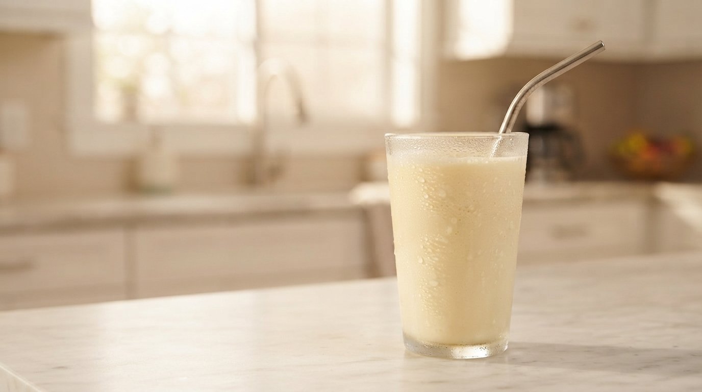 Vaso de batido de proteína servido con pajita metálica sobre encimera de cocina, luz natural