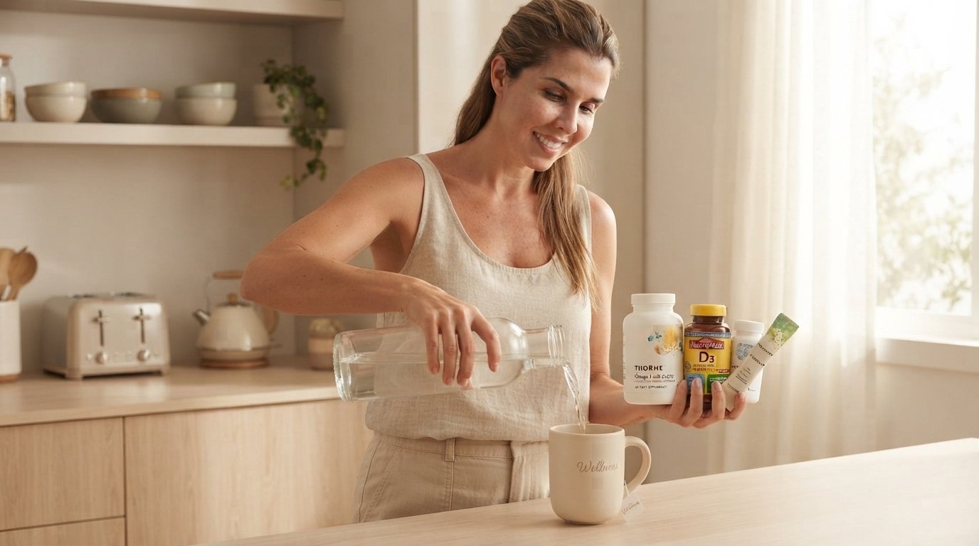 Mujer preparando su rutina de bienestar en la cocina por la mañana, luz natural