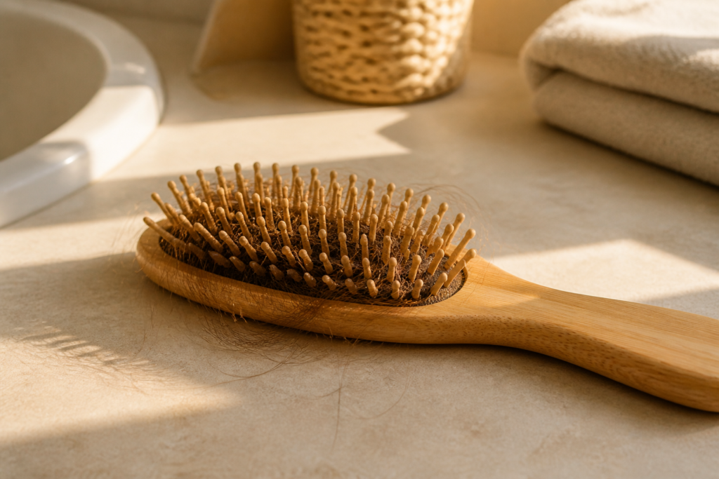 Cepillo de madera con cabello enredado, reflejo de la caída del cabello después de los 40