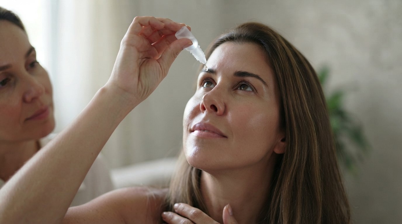 Mujer aplicándose gotas oftálmicas, ojos entrecerrados, luz suave y natural