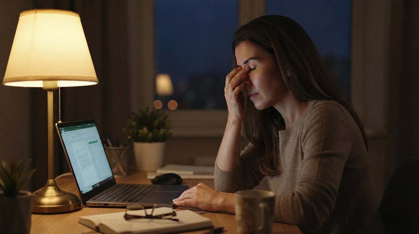 Mujer frotándose los ojos con cansancio frente a la laptop al final del día, luz cálida de lámpara de escritorio