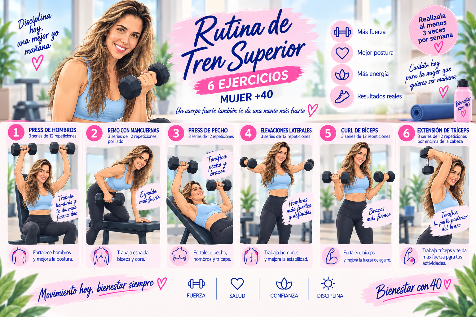 Rutina de tren superior después de los 40: press de hombros, remo con mancuernas, press de pecho, elevaciones laterales, curl de bíceps y extensión de tríceps