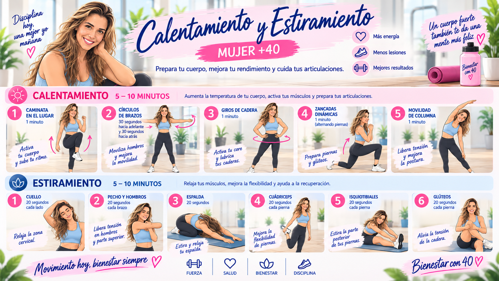 Calentamiento y estiramiento para mujeres +40: caminata en el sitio, círculos de brazos, giros de cadera, zancadas dinámicas, movilidad de columna y estiramientos de cuello, pecho, espalda, cuádriceps, isquiotibiales y glúteos