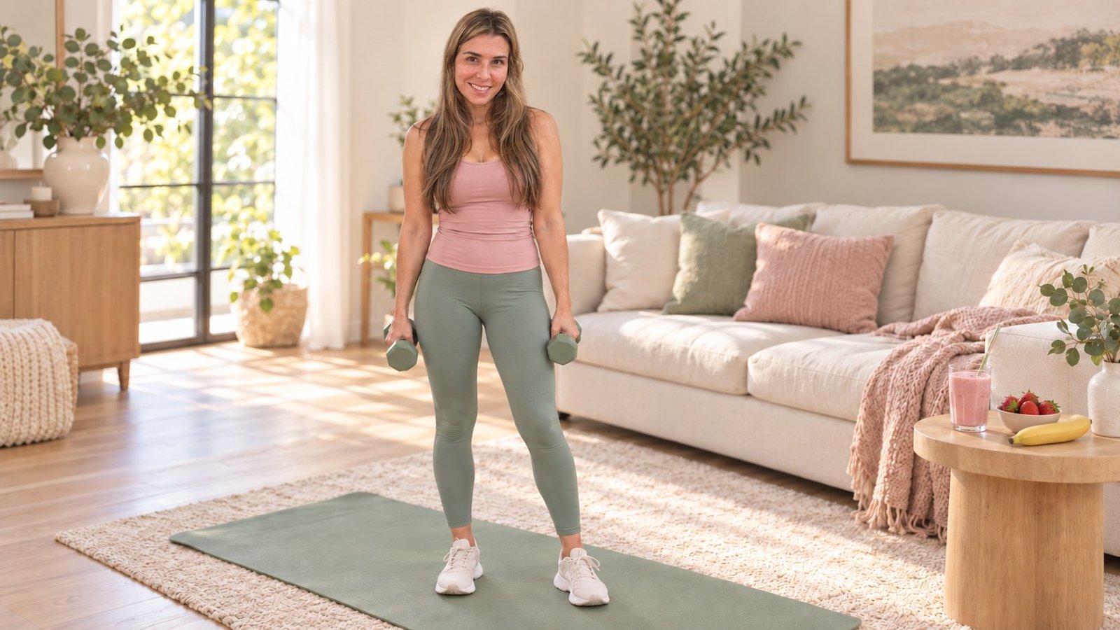 Mujer de más de 40 años entrenando con mancuernas en casa, con un batido de proteína, fresas y banana al lado