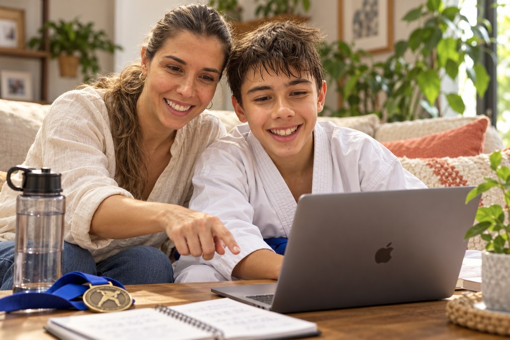 Madre de más de 40 y su hijo karateca usando inteligencia artificial en la laptop