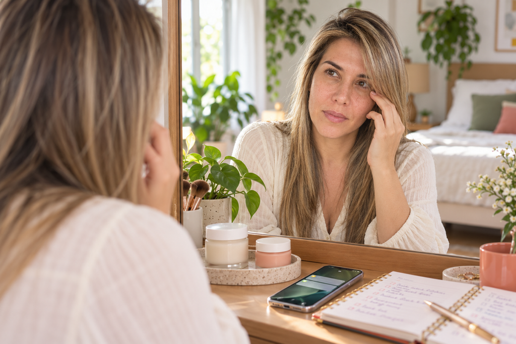 Mujer de más de 40 mirándose al espejo antes de descubrir la inteligencia artificial