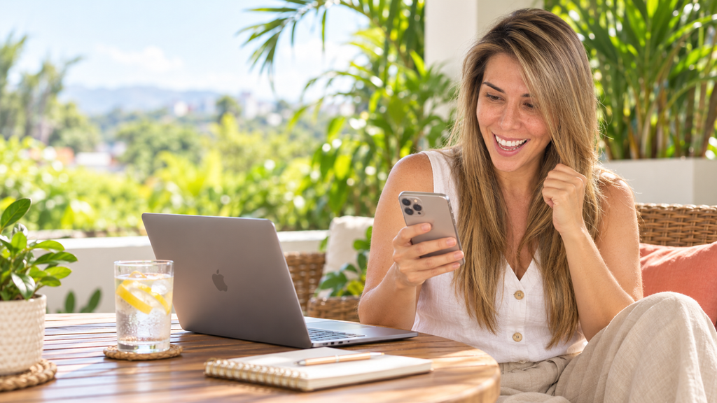 Mujer de más de 40 mirando el atardecer con calma y optimismo